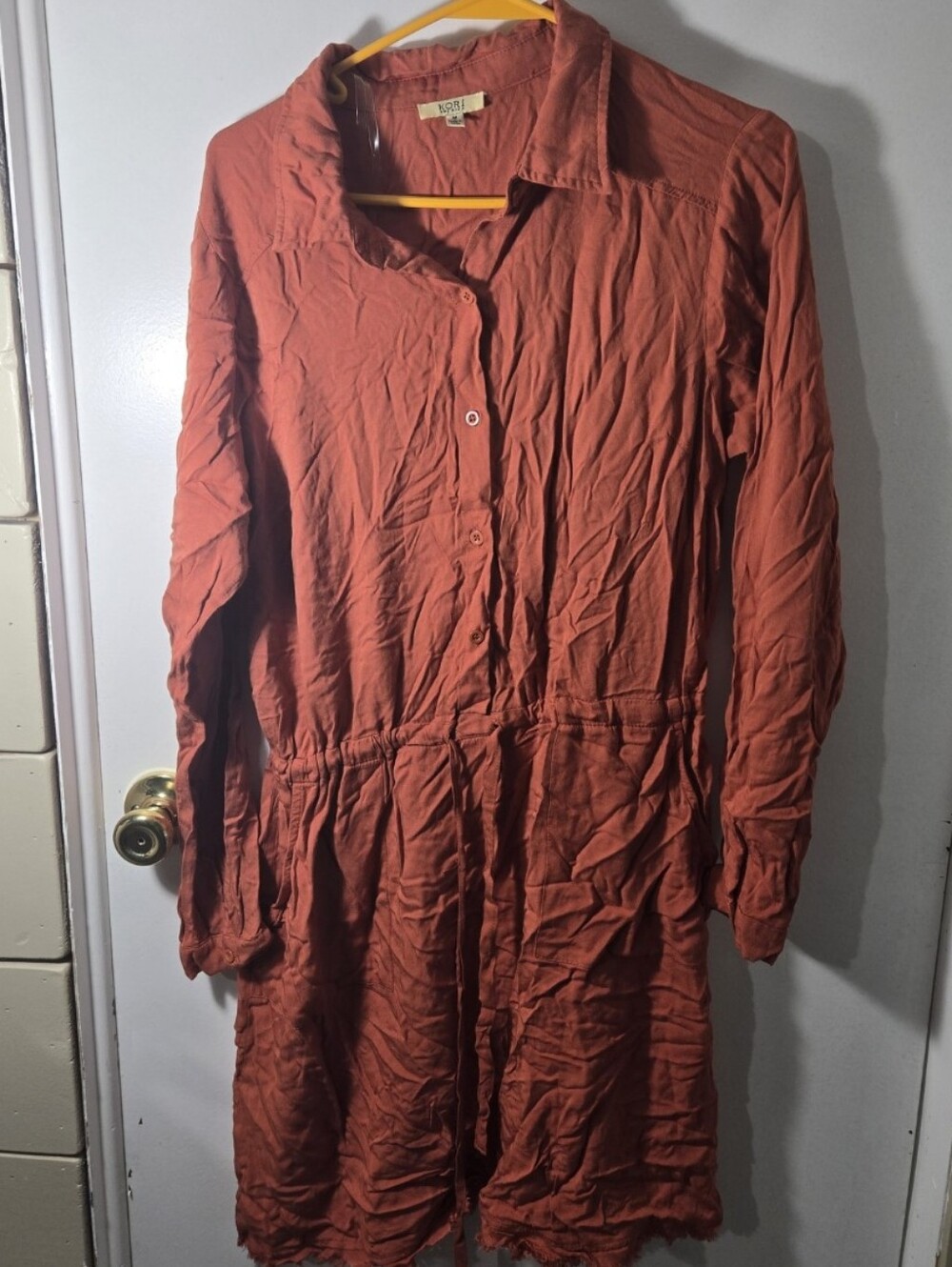 Kori rust-colored casual utility, bohemian Button Front Fall Shirt Dress Medium
